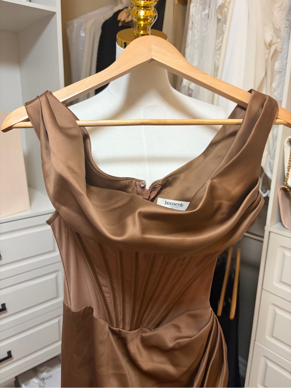 House of CB Lulu Toffee Asymmetric Drape Midi Corset Dress -S - Picture 5 of 15